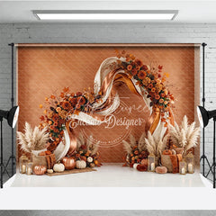Aperturee - Aperturee Elegant Autumn Floral Arch Photography Backdrop with Pumpkins and Pampas Grass Fall Harvest Party Decor