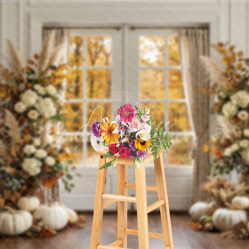 Aperturee - Aperturee Elegant Autumn Forest Photography Backdrop with Double Doors White Pumpkins and Pampas Grass Decor