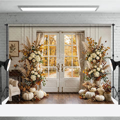Aperturee - Aperturee Elegant Autumn Forest Photography Backdrop with Double Doors White Pumpkins and Pampas Grass Decor