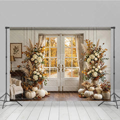Aperturee - Aperturee Elegant Autumn Forest Photography Backdrop with Double Doors White Pumpkins and Pampas Grass Decor