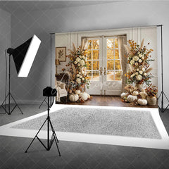 Aperturee - Aperturee Elegant Autumn Forest Photography Backdrop with Double Doors White Pumpkins and Pampas Grass Decor