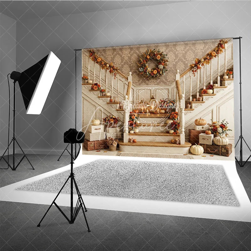 Aperturee - Aperturee Elegant Autumn Harvest Staircase Photography Backdrop with Pumpkins and Fall Decor Warm Tones for Thanksgiving