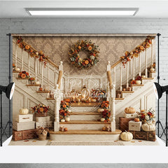 Aperturee - Aperturee Elegant Autumn Harvest Staircase Photography Backdrop with Pumpkins and Fall Decor Warm Tones for Thanksgiving