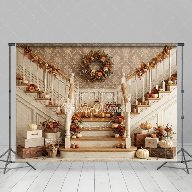 Aperturee - Aperturee Elegant Autumn Harvest Staircase Photography Backdrop with Pumpkins and Fall Decor Warm Tones for Thanksgiving