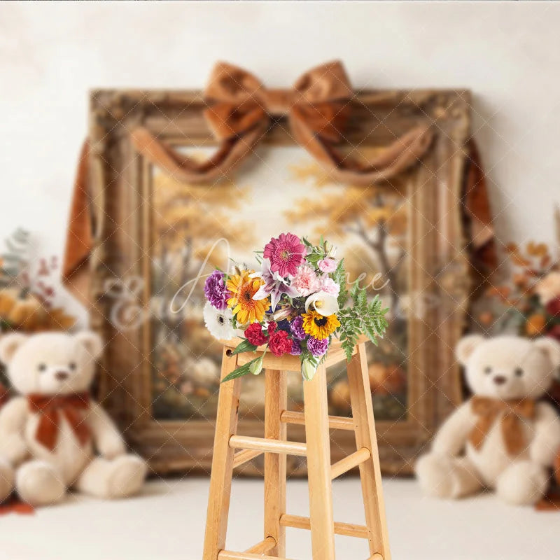 Aperturee - Aperturee Elegant Autumn Photography Backdrop with Golden Frame Velvet Ribbon Fall Foliage and Teddy Bears