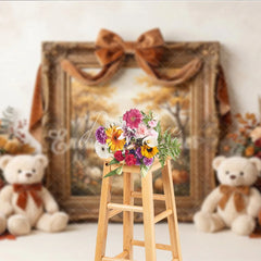 Aperturee - Aperturee Elegant Autumn Photography Backdrop with Golden Frame Velvet Ribbon Fall Foliage and Teddy Bears