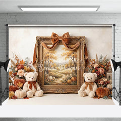 Aperturee - Aperturee Elegant Autumn Photography Backdrop with Golden Frame Velvet Ribbon Fall Foliage and Teddy Bears
