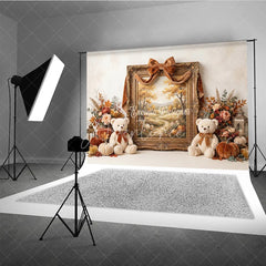 Aperturee - Aperturee Elegant Autumn Photography Backdrop with Golden Frame Velvet Ribbon Fall Foliage and Teddy Bears