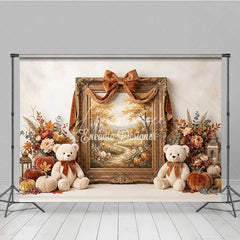 Aperturee - Aperturee Elegant Autumn Photography Backdrop with Golden Frame Velvet Ribbon Fall Foliage and Teddy Bears