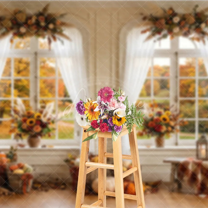 Aperturee - Aperturee Elegant Autumn Window Photography Backdrop with Golden Fall Foliage Pumpkins and Sunflowers