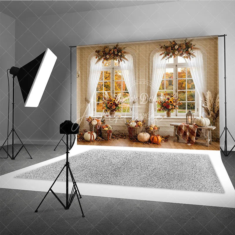 Aperturee - Aperturee Elegant Autumn Window Photography Backdrop with Golden Fall Foliage Pumpkins and Sunflowers