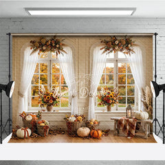 Aperturee - Aperturee Elegant Autumn Window Photography Backdrop with Golden Fall Foliage Pumpkins and Sunflowers