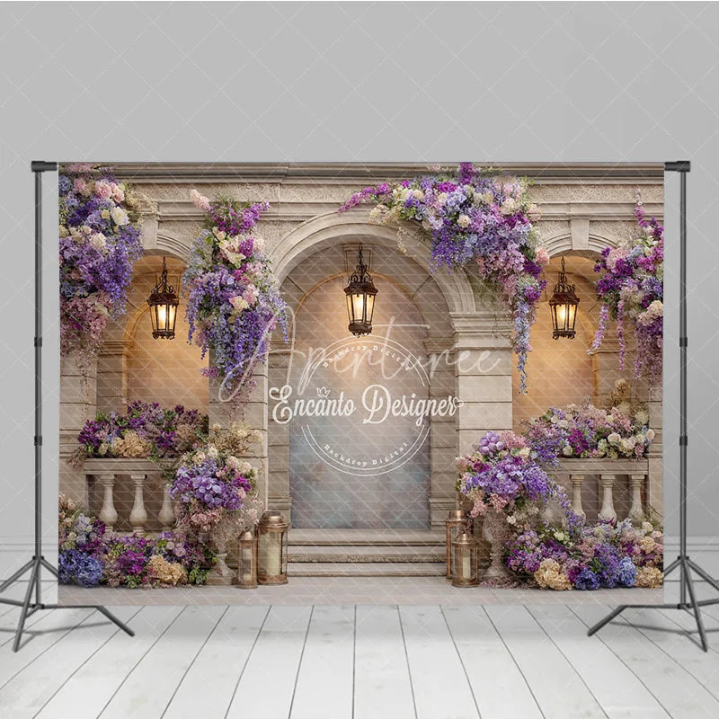 Aperturee - Aperturee Elegant Balcony Photography Backdrop with Purple Wisteria Architectural Columns Wedding Photo Background