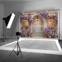 Aperturee - Aperturee Elegant Balcony Photography Backdrop with Purple Wisteria Architectural Columns Wedding Photo Background