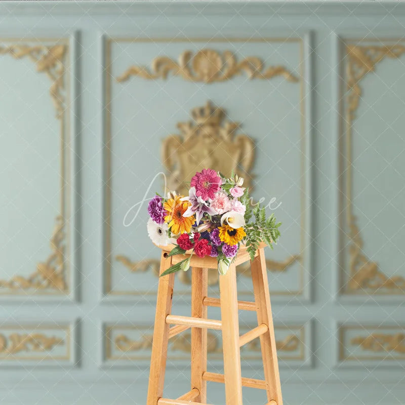 Aperturee - Aperturee Elegant Baroque Gold Ornate Moldings Photography Backdrop Light Blue Green Classical Wall Panel Decor for Portraits