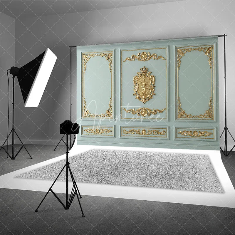 Aperturee - Aperturee Elegant Baroque Gold Ornate Moldings Photography Backdrop Light Blue Green Classical Wall Panel Decor for Portraits