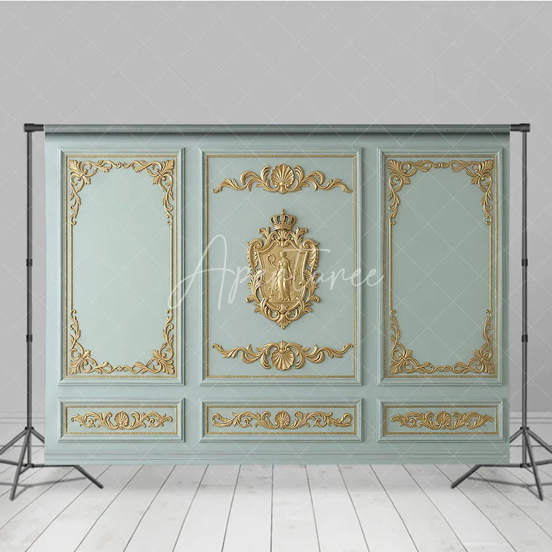Aperturee - Aperturee Elegant Baroque Gold Ornate Moldings Photography Backdrop Light Blue Green Classical Wall Panel Decor for Portraits