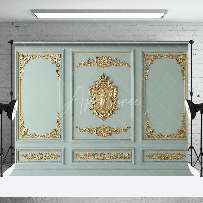 Aperturee - Aperturee Elegant Baroque Gold Ornate Moldings Photography Backdrop Light Blue Green Classical Wall Panel Decor for Portraits