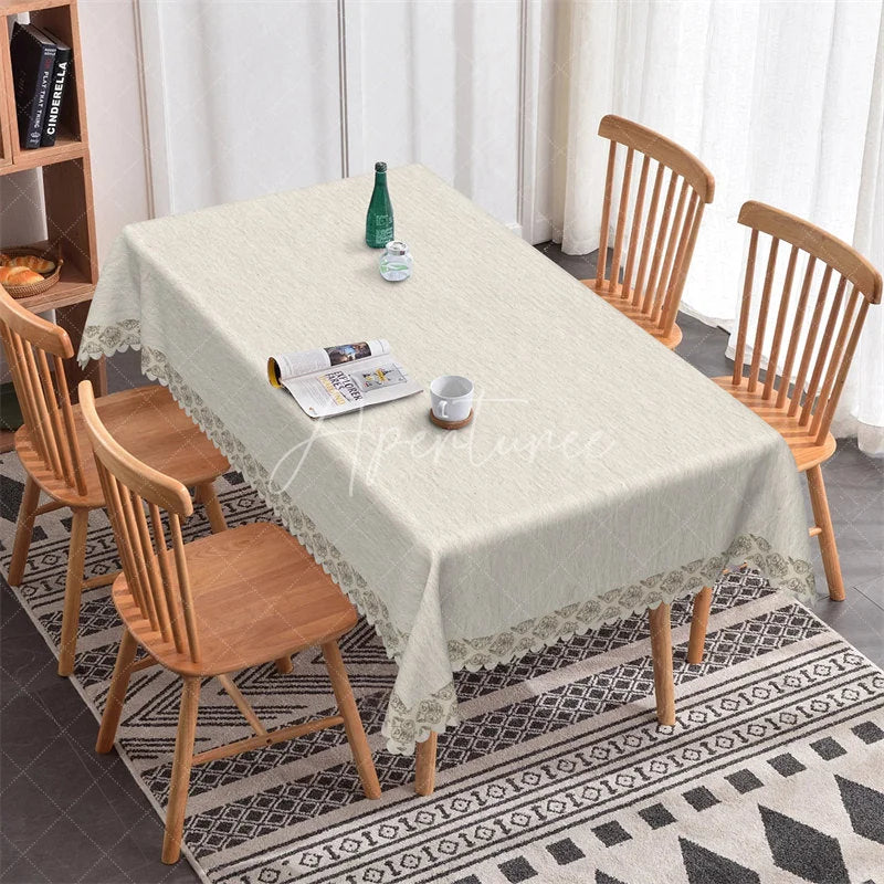 Aperturee - Aperturee Elegant Beige Fabric Rectangle Tablecloth with Scalloped Lace Border Classic Home Dining Table Decoration