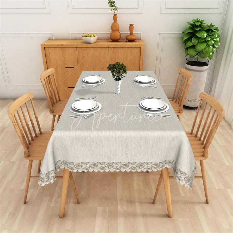Aperturee - Aperturee Elegant Beige Fabric Rectangle Tablecloth with Scalloped Lace Border Classic Home Dining Table Decoration