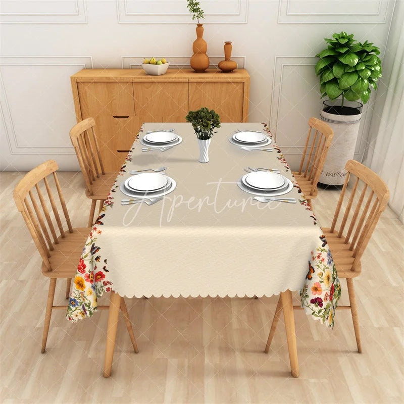 Aperturee - Aperturee Elegant Beige Floral and Butterfly Rectangle Tablecloth Scalloped Hem Dining Decor