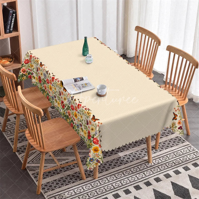 Aperturee - Aperturee Elegant Beige Floral and Butterfly Rectangle Tablecloth Scalloped Hem Dining Decor