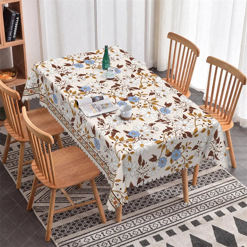 Aperturee - Aperturee Elegant Beige Floral Daisy Rectangle Tablecloth with White and Blue Flowers Scalloped Edge for Dining Kitchen Party