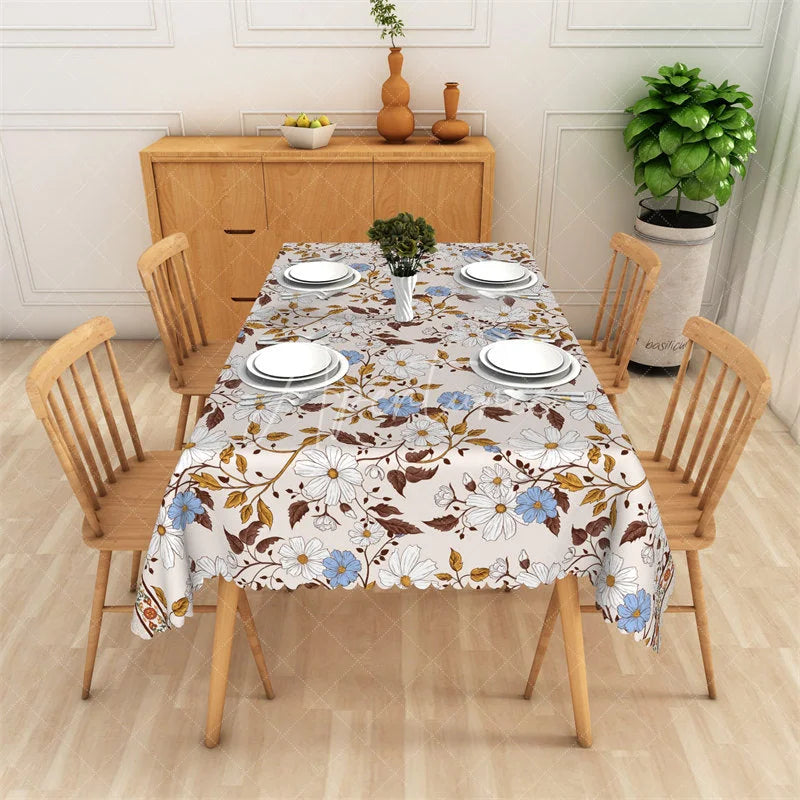 Aperturee - Aperturee Elegant Beige Floral Daisy Rectangle Tablecloth with White and Blue Flowers Scalloped Edge for Dining Kitchen Party