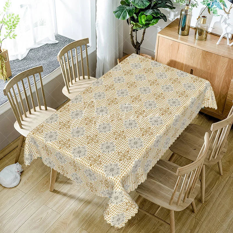 Aperturee - Aperturee Elegant Beige Geometric Rectangle Tablecloth Damask Medallion Pattern for Holiday Dinner Party Kitchen Decor