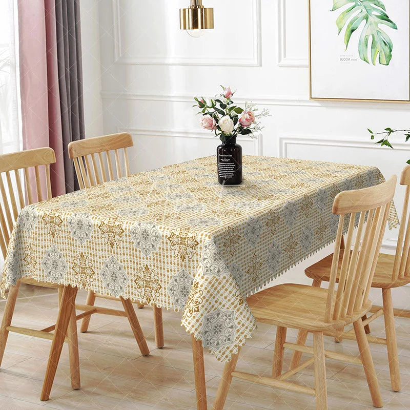 Aperturee - Aperturee Elegant Beige Geometric Rectangle Tablecloth Damask Medallion Pattern for Holiday Dinner Party Kitchen Decor