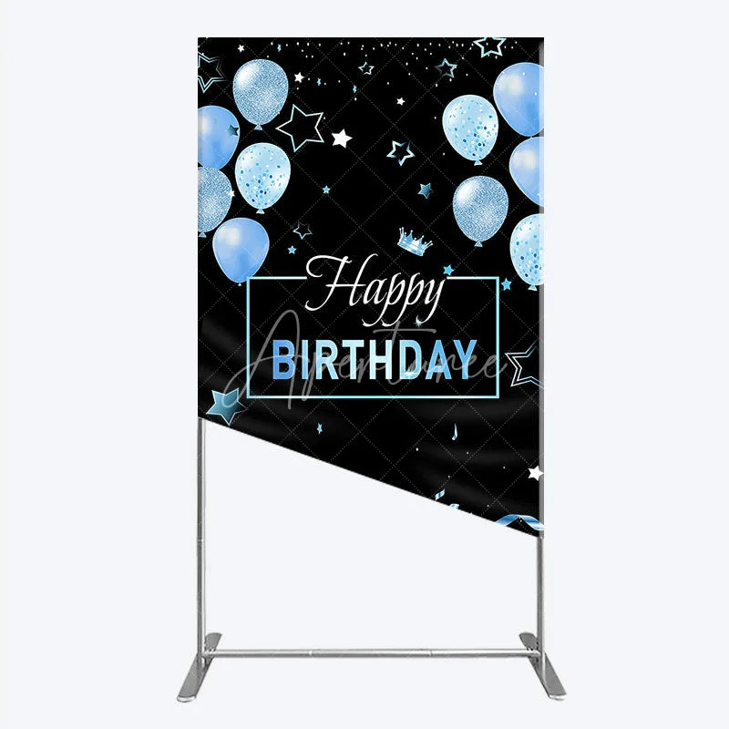 Aperturee - Aperturee Elegant Black and Blue Happy Birthday Rectangle Backdrop Kit Festive Balloons Stars and Crown Party Decor