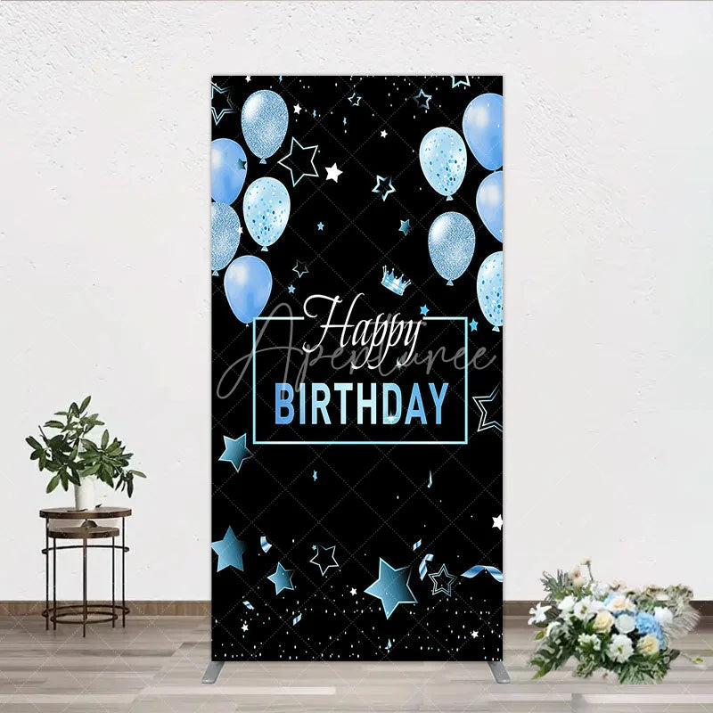 Aperturee - Aperturee Elegant Black and Blue Happy Birthday Rectangle Backdrop Kit Festive Balloons Stars and Crown Party Decor