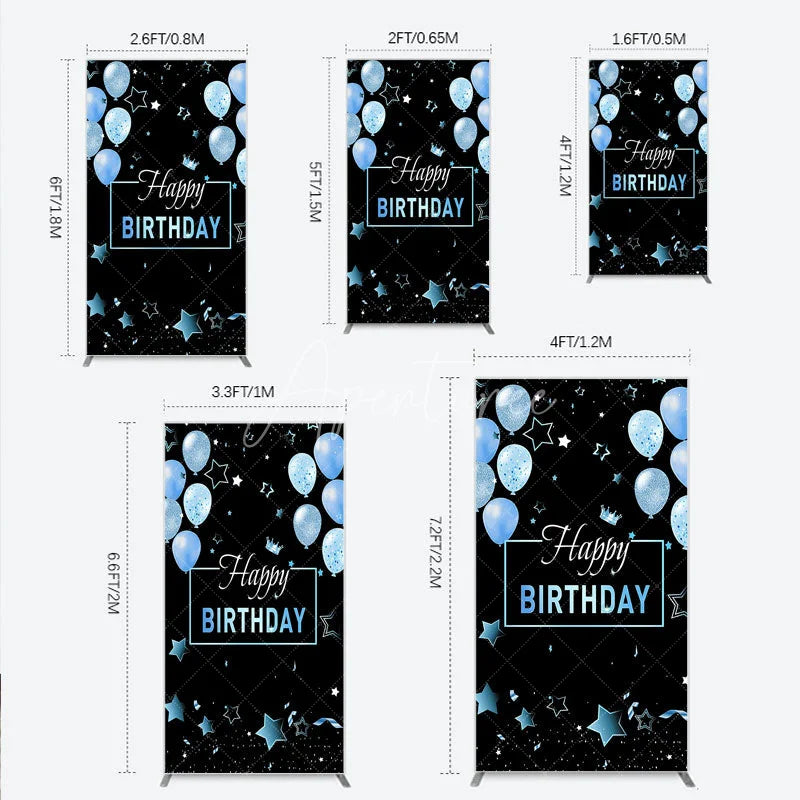 Aperturee - Aperturee Elegant Black and Blue Happy Birthday Rectangle Backdrop Kit Festive Balloons Stars and Crown Party Decor
