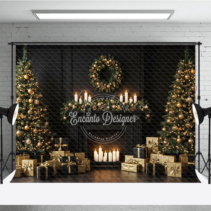 Aperturee - Aperturee Elegant Black and Gold Christmas Photography Backdrop Modern Fireplace with Trees Luxury Holiday Photo Background