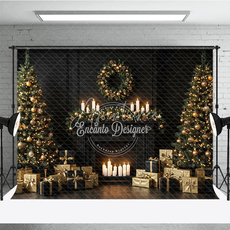 Aperturee - Aperturee Elegant Black and Gold Christmas Photography Backdrop Modern Fireplace with Trees Luxury Holiday Photo Background