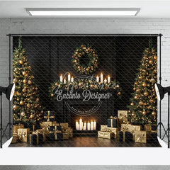 Aperturee - Aperturee Elegant Black and Gold Christmas Photography Backdrop Modern Fireplace with Trees Luxury Holiday Photo Background