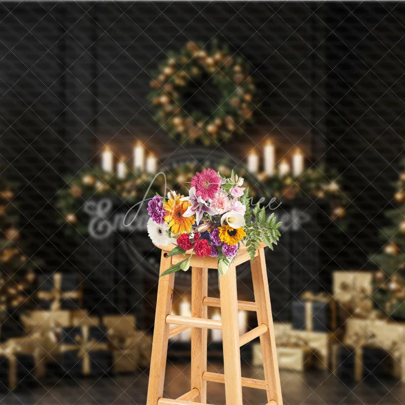 Aperturee - Aperturee Elegant Black and Gold Christmas Photography Backdrop Modern Fireplace with Trees Luxury Holiday Photo Background
