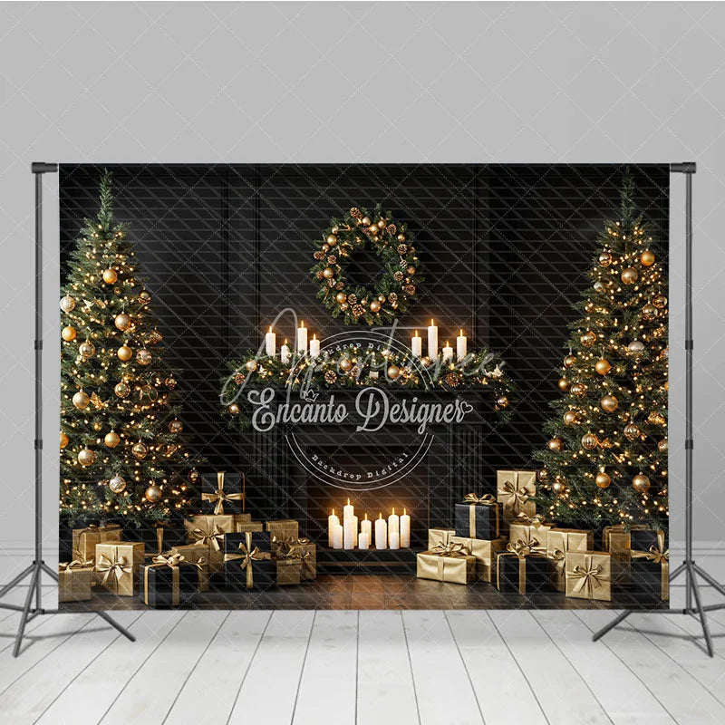 Aperturee - Aperturee Elegant Black and Gold Christmas Photography Backdrop Modern Fireplace with Trees Luxury Holiday Photo Background