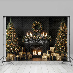 Aperturee - Aperturee Elegant Black and Gold Christmas Photography Backdrop Modern Fireplace with Trees Luxury Holiday Photo Background