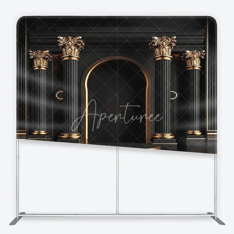 Aperturee - Aperturee Elegant Black and Gold Classical Columns Square Double-Sided Backdrop Archway and Tiered Podium Photography Decor