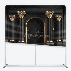 Aperturee - Aperturee Elegant Black and Gold Classical Columns Square Double-Sided Backdrop Archway and Tiered Podium Photography Decor