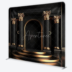 Aperturee - Aperturee Elegant Black and Gold Classical Columns Square Double-Sided Backdrop Archway and Tiered Podium Photography Decor