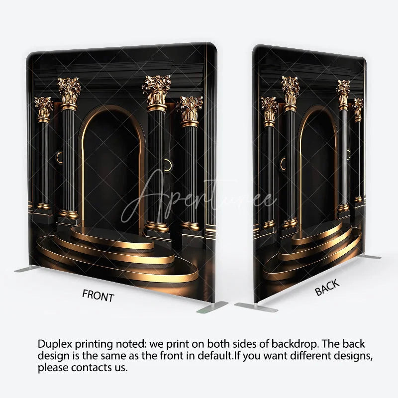 Aperturee - Aperturee Elegant Black and Gold Classical Columns Square Double-Sided Backdrop Archway and Tiered Podium Photography Decor