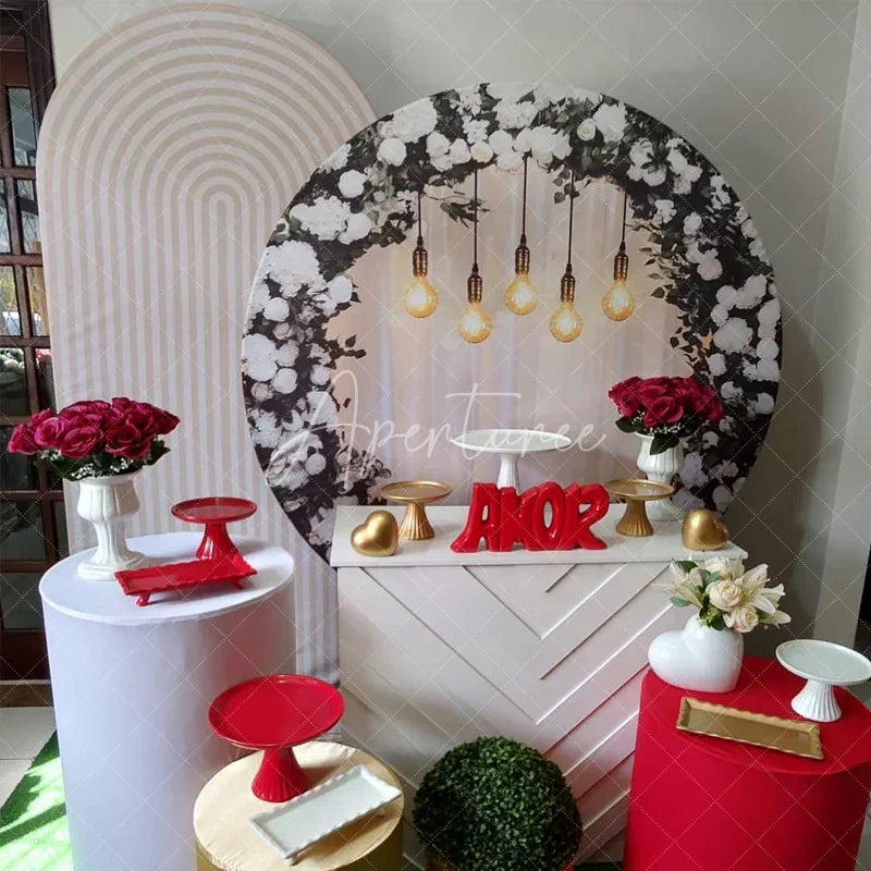 Aperturee - Aperturee Elegant Black and Gold Floral Round Backdrop Wedding or Anniversary Party Romantic Moody Botanical Photo Prop