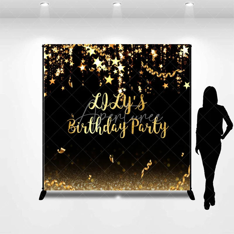 Aperturee - Aperturee Elegant Black and Gold Glitter Custom Birthday Party Backdrop featuring Sparkling Stars and Confetti