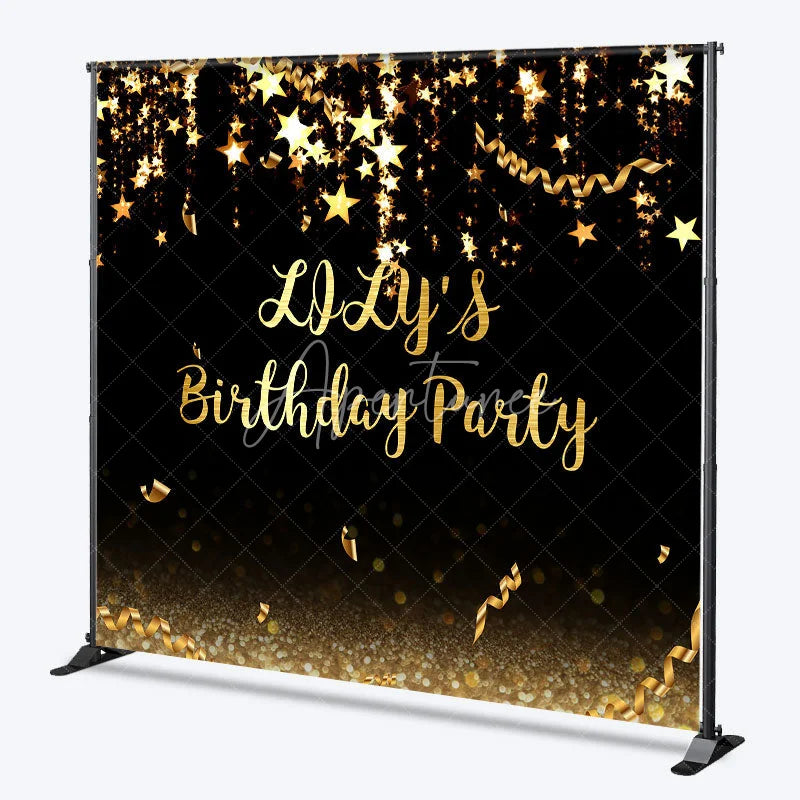 Aperturee - Aperturee Elegant Black and Gold Glitter Custom Birthday Party Backdrop featuring Sparkling Stars and Confetti