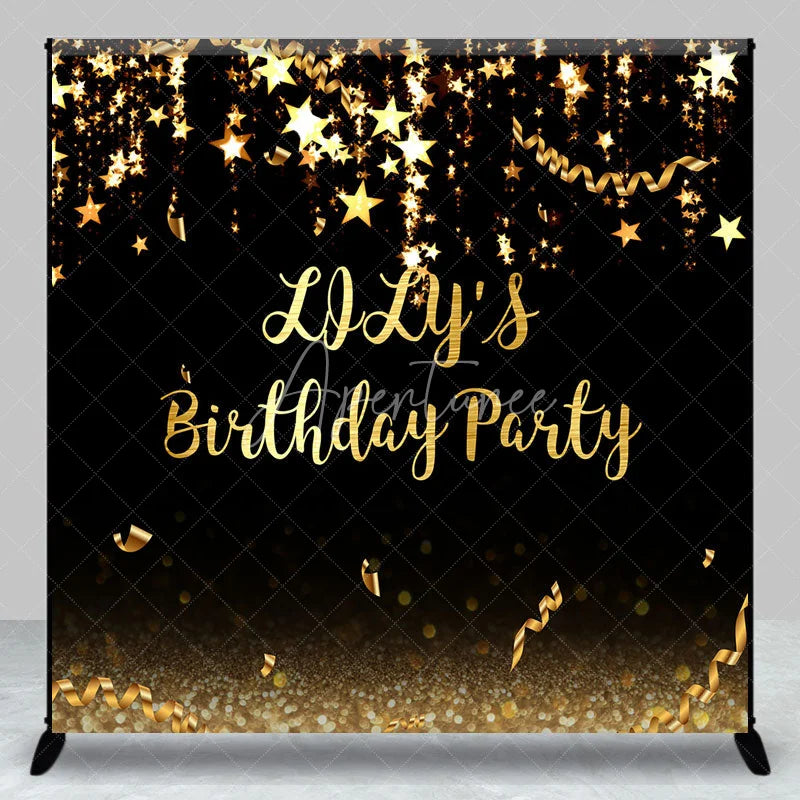 Aperturee - Aperturee Elegant Black and Gold Glitter Custom Birthday Party Backdrop featuring Sparkling Stars and Confetti