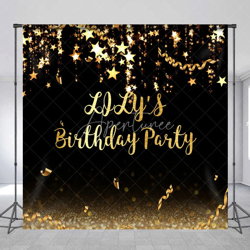 Aperturee - Aperturee Elegant Black and Gold Glitter Custom Birthday Party Backdrop featuring Sparkling Stars and Confetti