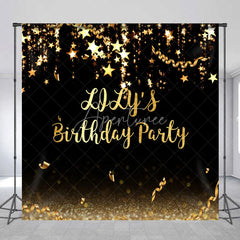 Aperturee - Aperturee Elegant Black and Gold Glitter Custom Birthday Party Backdrop featuring Sparkling Stars and Confetti