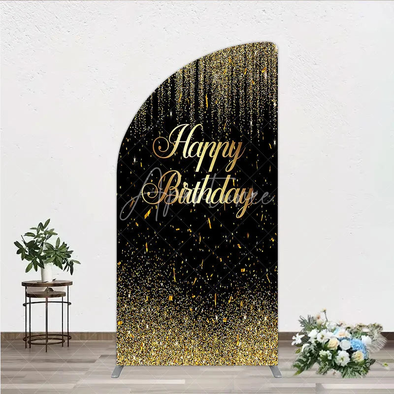 Aperturee - Aperturee Elegant Black and Gold Glitter Happy Birthday Half Moon Arch Backdrop Festive Party Decoration